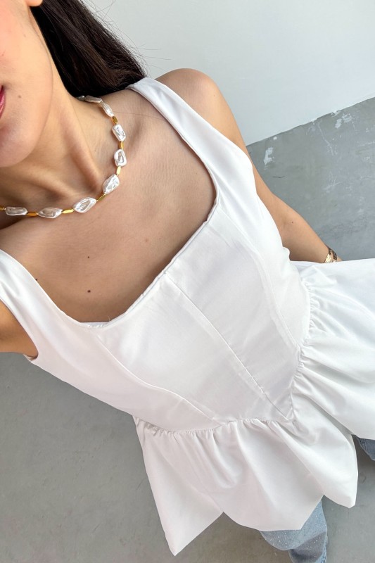 BLZ-06284 Beyaz Askılı Astarlı Balon Bluz
