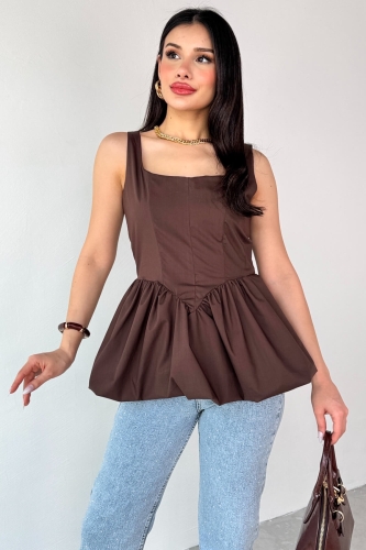 Cappmoda - BLZ-06284 Kahverengi Askılı Astarlı Balon Bluz (1)