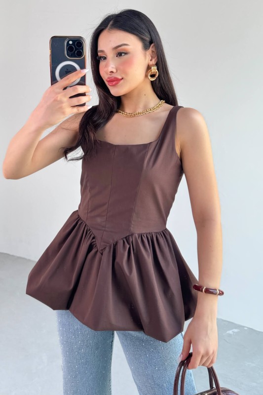 BLZ-06284 Kahverengi Askılı Astarlı Balon Bluz