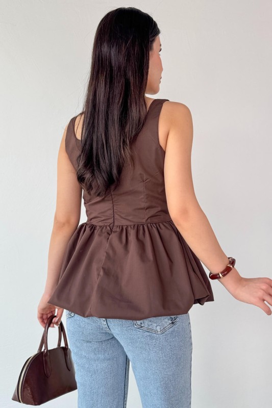 BLZ-06284 Kahverengi Askılı Astarlı Balon Bluz