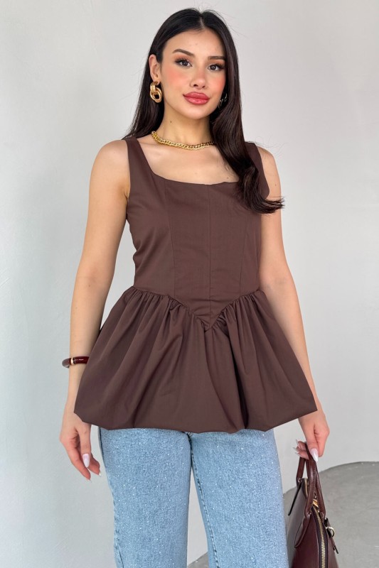 BLZ-06284 Kahverengi Askılı Astarlı Balon Bluz