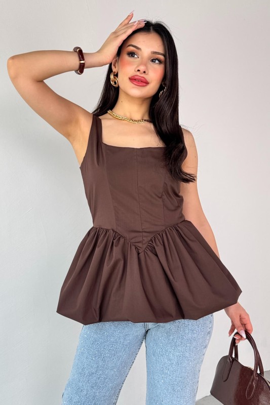 BLZ-06284 Kahverengi Askılı Astarlı Balon Bluz
