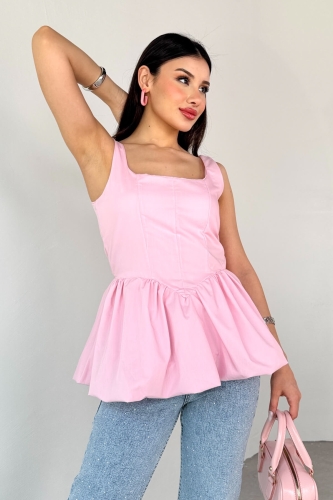 BLZ-06284 Toz Pembe Askılı Astarlı Balon Bluz - Thumbnail