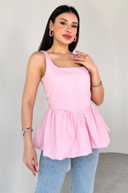 BLZ-06284 Toz Pembe Askılı Astarlı Balon Bluz