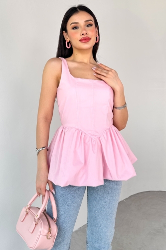 BLZ-06284 Toz Pembe Askılı Astarlı Balon Bluz - Thumbnail