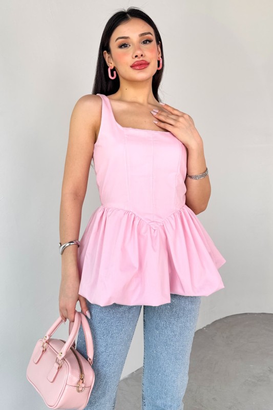 BLZ-06284 Toz Pembe Askılı Astarlı Balon Bluz