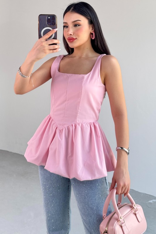 BLZ-06284 Toz Pembe Askılı Astarlı Balon Bluz