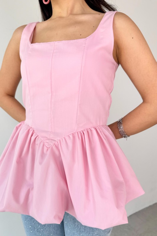 BLZ-06284 Toz Pembe Askılı Astarlı Balon Bluz