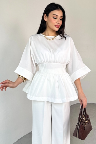 BLZ-06285 Beyaz Yuvarlak Yaka Duble Kol Yandan Fermuarlı Pileli Bluz - Thumbnail