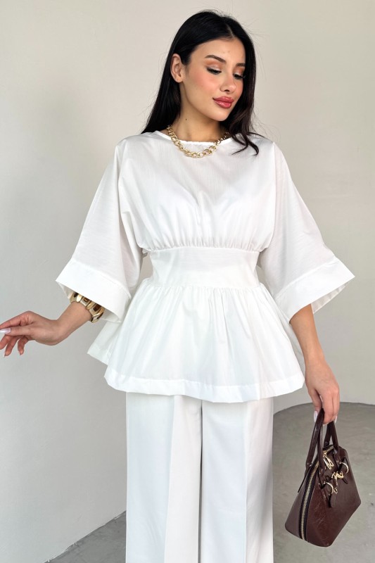 BLZ-06285 Beyaz Yuvarlak Yaka Duble Kol Yandan Fermuarlı Pileli Bluz