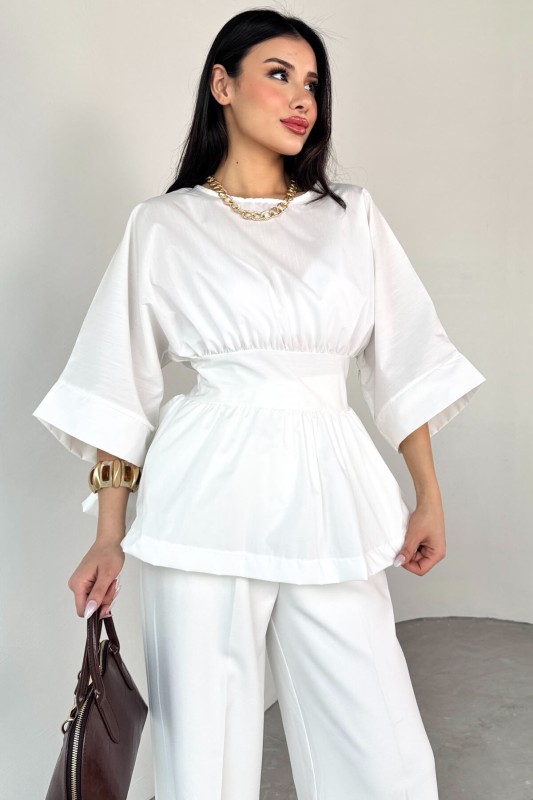 BLZ-06285 Beyaz Yuvarlak Yaka Duble Kol Yandan Fermuarlı Pileli Bluz