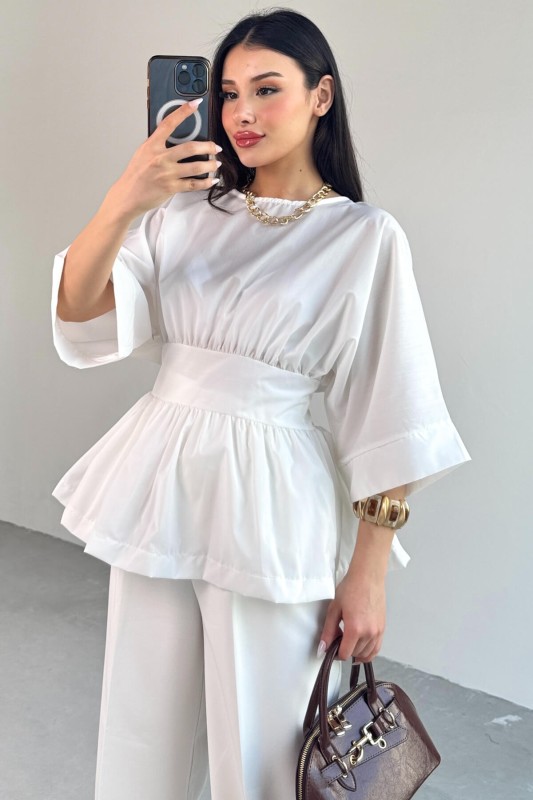 BLZ-06285 Beyaz Yuvarlak Yaka Duble Kol Yandan Fermuarlı Pileli Bluz