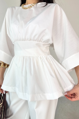 Cappmoda - BLZ-06285 Beyaz Yuvarlak Yaka Duble Kol Yandan Fermuarlı Pileli Bluz (1)