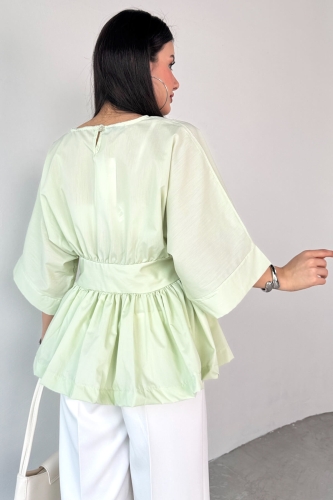 BLZ-06285 Mint Yeşili Yuvarlak Yaka Duble Kol Yandan Fermuarlı Pileli Bluz - Thumbnail