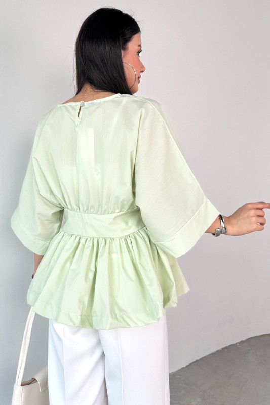 BLZ-06285 Mint Yeşili Yuvarlak Yaka Duble Kol Yandan Fermuarlı Pileli Bluz