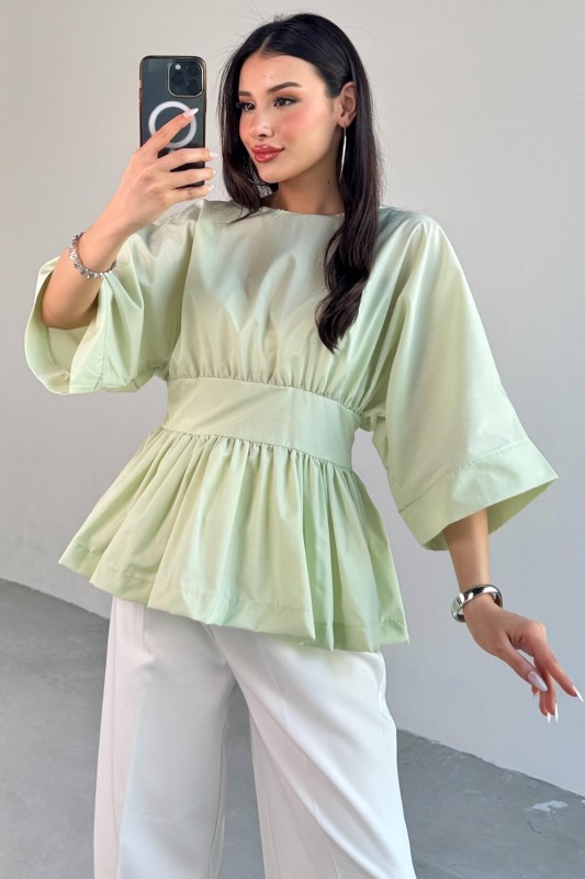 BLZ-06285 Mint Yeşili Yuvarlak Yaka Duble Kol Yandan Fermuarlı Pileli Bluz