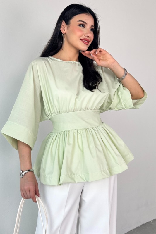 BLZ-06285 Mint Yeşili Yuvarlak Yaka Duble Kol Yandan Fermuarlı Pileli Bluz
