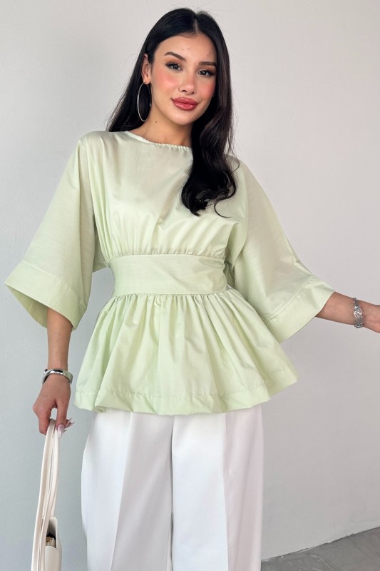 BLZ-06285 Mint Yeşili Yuvarlak Yaka Duble Kol Yandan Fermuarlı Pileli Bluz