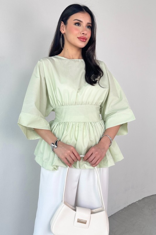 BLZ-06285 Mint Yeşili Yuvarlak Yaka Duble Kol Yandan Fermuarlı Pileli Bluz