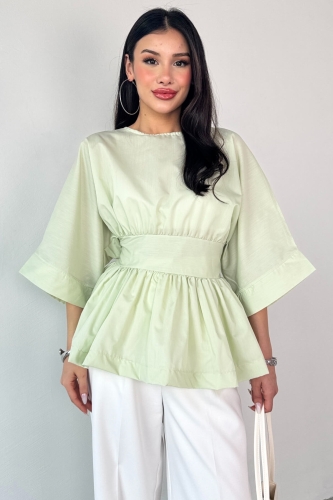 Cappmoda - BLZ-06285 Mint Yeşili Yuvarlak Yaka Duble Kol Yandan Fermuarlı Pileli Bluz (1)