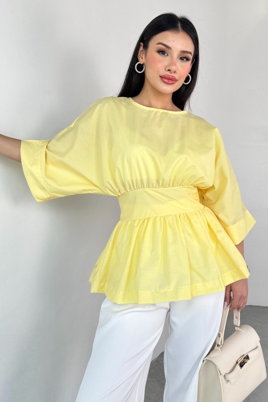 BLZ-06285 Sarı Yuvarlak Yaka Duble Kol Yandan Fermuarlı Pileli Bluz