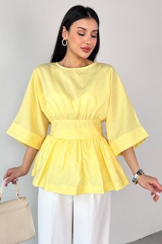 Cappmoda - BLZ-06285 Sarı Yuvarlak Yaka Duble Kol Yandan Fermuarlı Pileli Bluz (1)