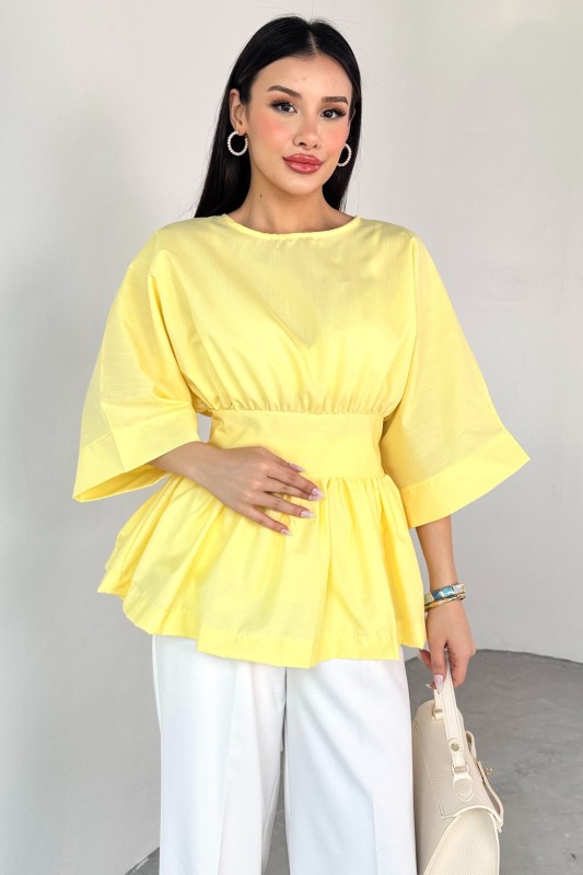 BLZ-06285 Sarı Yuvarlak Yaka Duble Kol Yandan Fermuarlı Pileli Bluz