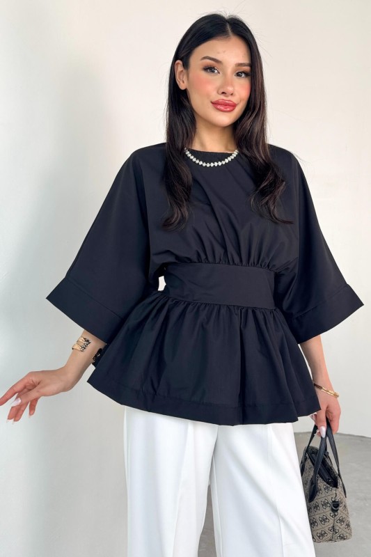 BLZ-06285 Siyah Yuvarlak Yaka Duble Kol Yandan Fermuarlı Pileli Bluz - 2