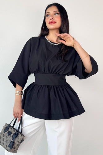 BLZ-06285 Siyah Yuvarlak Yaka Duble Kol Yandan Fermuarlı Pileli Bluz - 7