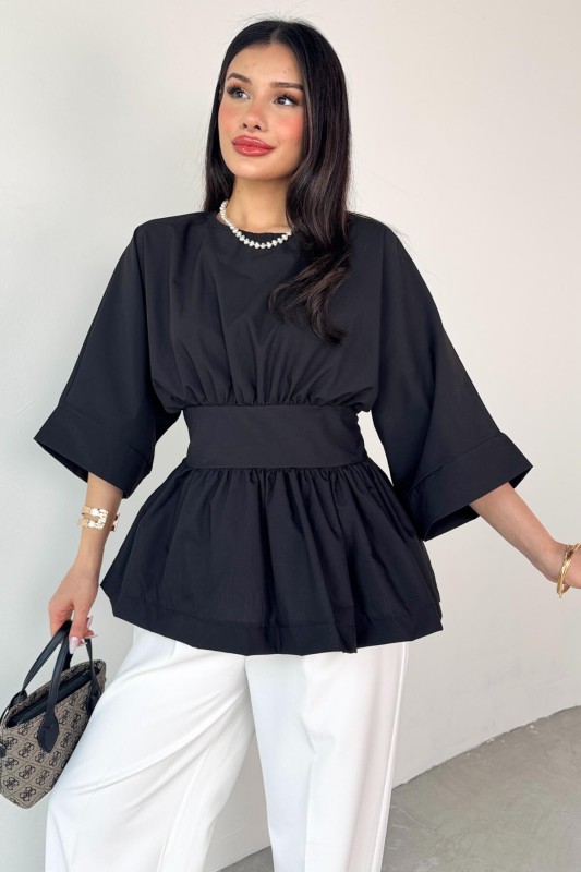 BLZ-06285 Siyah Yuvarlak Yaka Duble Kol Yandan Fermuarlı Pileli Bluz - 6