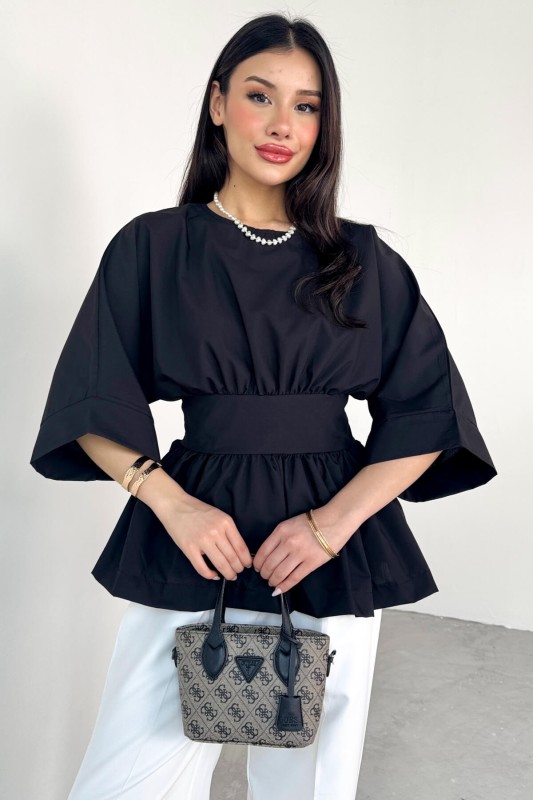 BLZ-06285 Siyah Yuvarlak Yaka Duble Kol Yandan Fermuarlı Pileli Bluz - 1