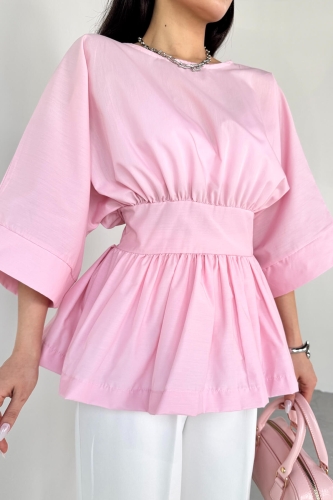 Cappmoda - BLZ-06285 Toz Pembe Yuvarlak Yaka Duble Kol Yandan Fermuarlı Pileli Bluz (1)