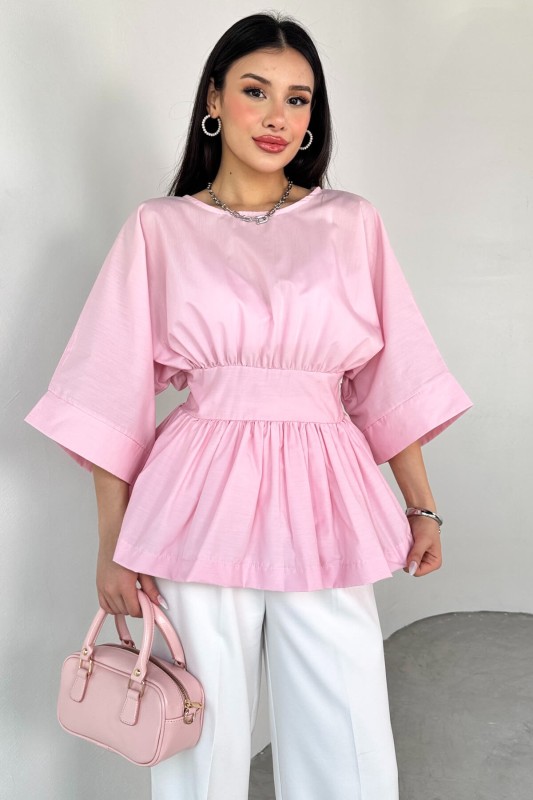 BLZ-06285 Toz Pembe Yuvarlak Yaka Duble Kol Yandan Fermuarlı Pileli Bluz