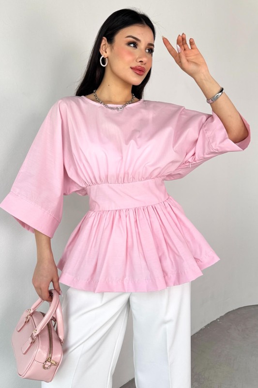 BLZ-06285 Toz Pembe Yuvarlak Yaka Duble Kol Yandan Fermuarlı Pileli Bluz