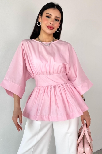 BLZ-06285 Toz Pembe Yuvarlak Yaka Duble Kol Yandan Fermuarlı Pileli Bluz - Thumbnail