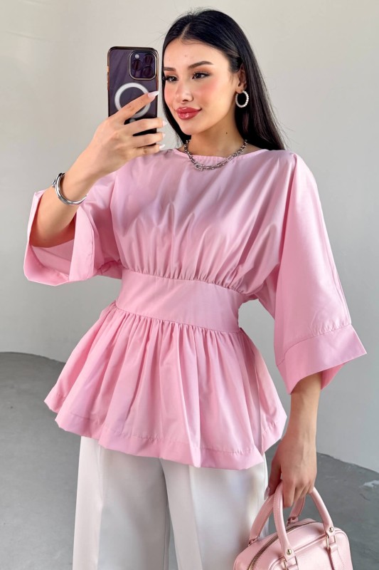 BLZ-06285 Toz Pembe Yuvarlak Yaka Duble Kol Yandan Fermuarlı Pileli Bluz
