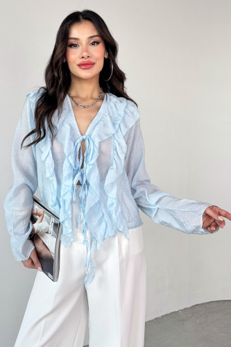 BLZ-06287 Bebe Mavi Fırfır Detaylı Bağlamalı Uzun Kollu Bluz - 2