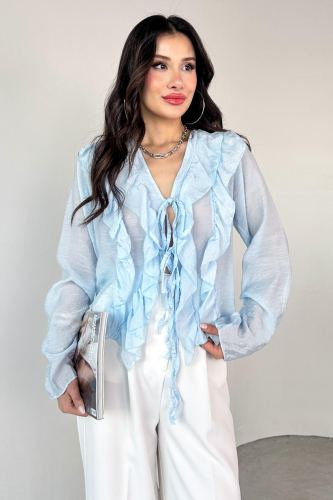BLZ-06287 Bebe Mavi Fırfır Detaylı Bağlamalı Uzun Kollu Bluz 