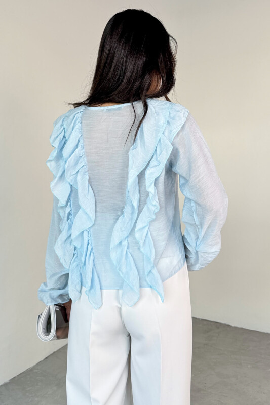 BLZ-06287 Bebe Mavi Fırfır Detaylı Bağlamalı Uzun Kollu Bluz - 4