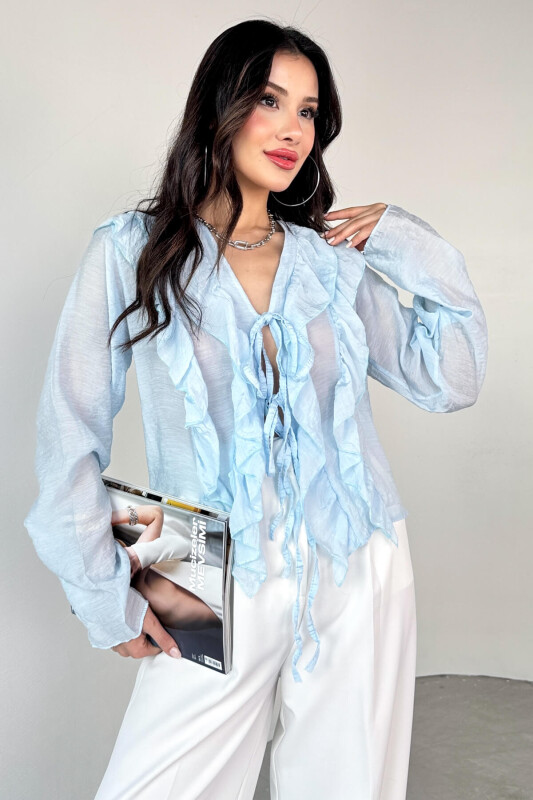 BLZ-06287 Bebe Mavi Fırfır Detaylı Bağlamalı Uzun Kollu Bluz - 5