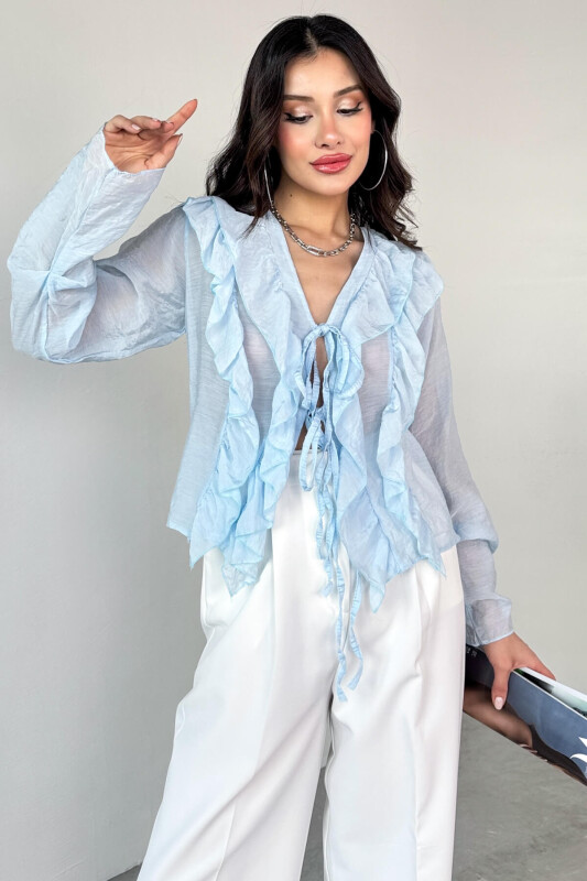 BLZ-06287 Bebe Mavi Fırfır Detaylı Bağlamalı Uzun Kollu Bluz - 6