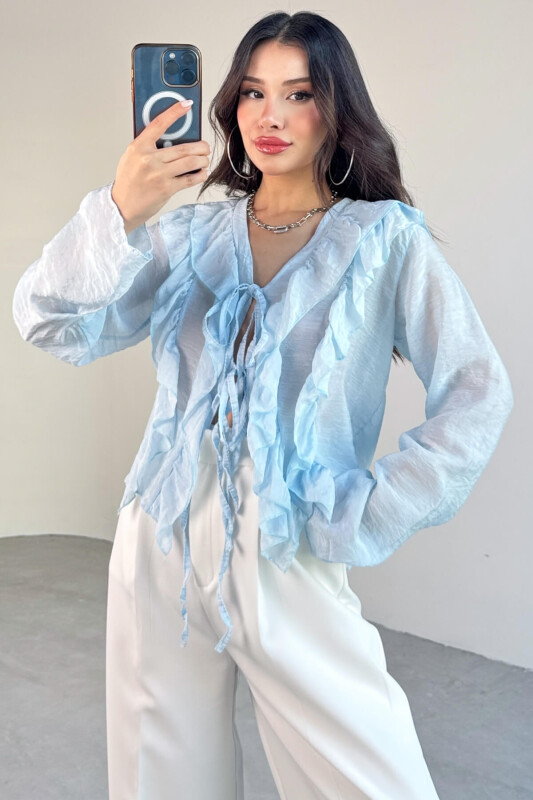 BLZ-06287 Bebe Mavi Fırfır Detaylı Bağlamalı Uzun Kollu Bluz - 7