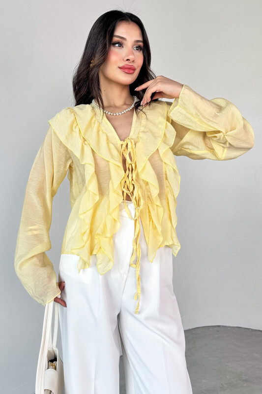 BLZ-06287 Sarı Fırfır Detaylı Bağlamalı Uzun Kollu Bluz - 7