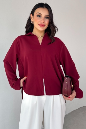 Cappmoda - BLZ-13190 Bordo Kol Lastikli Ön Yırtmaçlı V Yaka Bluz (1)