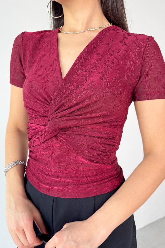 BLZ-13325 Bordo Önden Bağlama Detaylı V Yaka Bluz