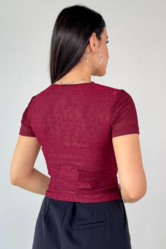 BLZ-13325 Bordo Önden Bağlama Detaylı V Yaka Bluz