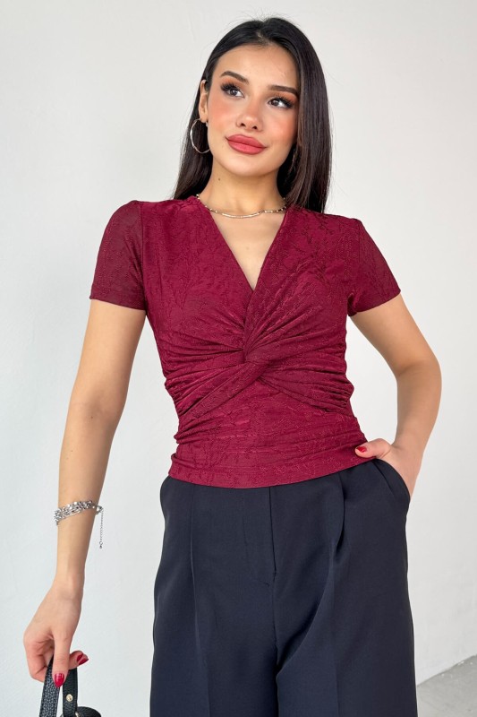 BLZ-13325 Bordo Önden Bağlama Detaylı V Yaka Bluz