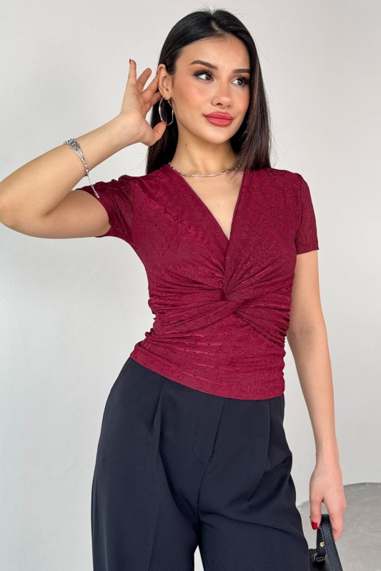 BLZ-13325 Bordo Önden Bağlama Detaylı V Yaka Bluz