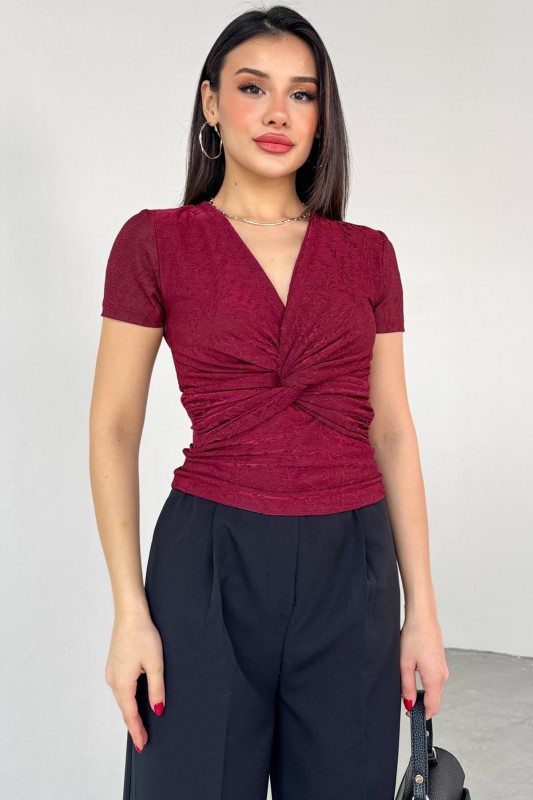BLZ-13325 Bordo Önden Bağlama Detaylı V Yaka Bluz