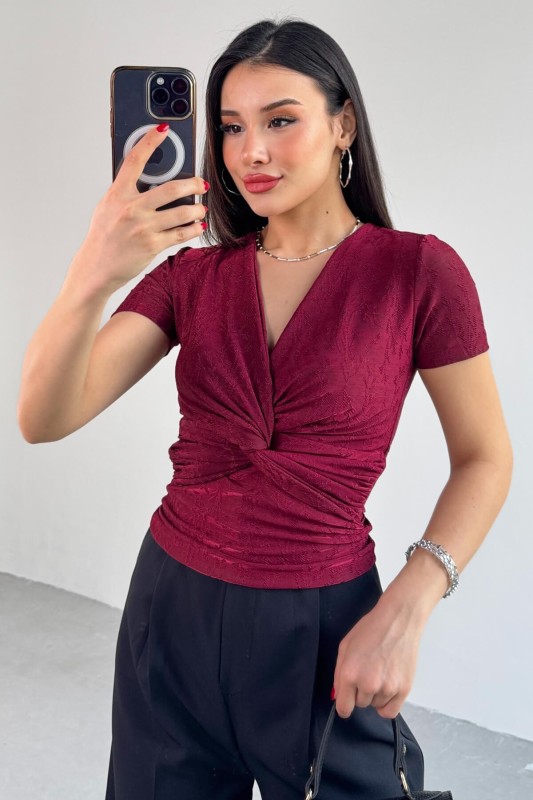 BLZ-13325 Bordo Önden Bağlama Detaylı V Yaka Bluz